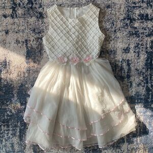 Ivory Tulle Flower Girls Dress with Pink Trim
